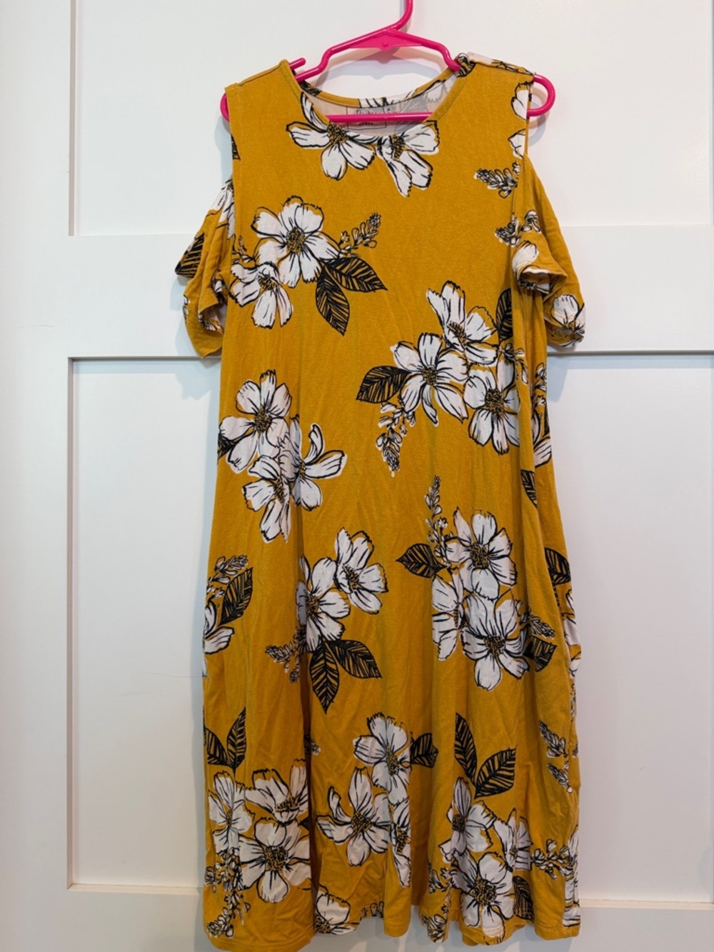 Girls' Mustard Floral Cold-Shoulder A-Line Dress